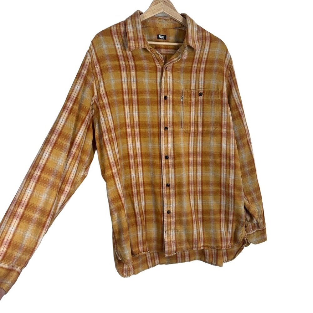 LEVI'S Plaid Brushed Cotton Shirt‎ XL Orange Button Up White Tab Western Grunge